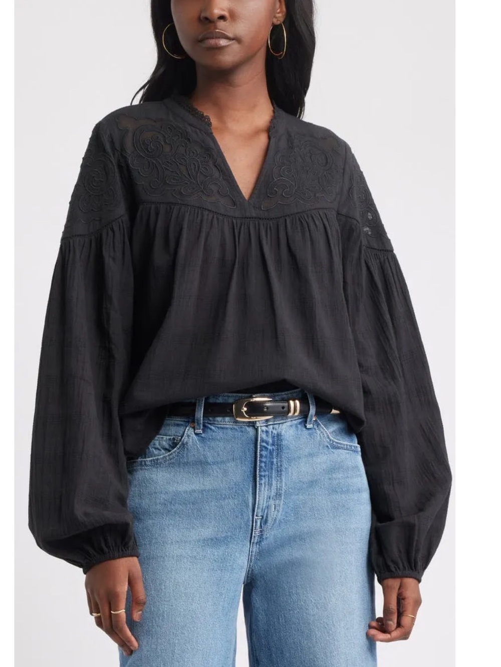 Treasure & Bond Appliqué Yoke Balloon Sleeve Cotton Top size M